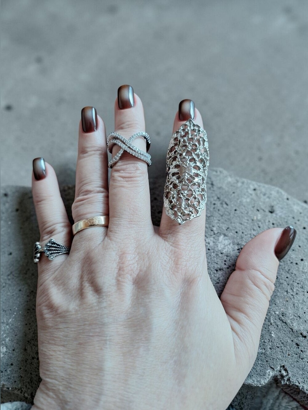 6pc Silver Tone Fashion Mixed Ring Set - Picture 2 of 9